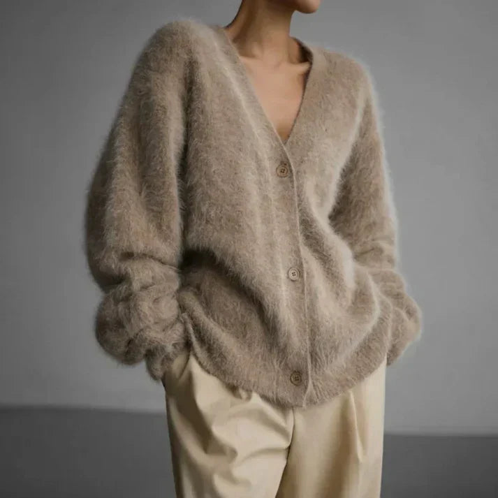 Women's Fluffy Cashmere V-Neck Oversized Cardigan
