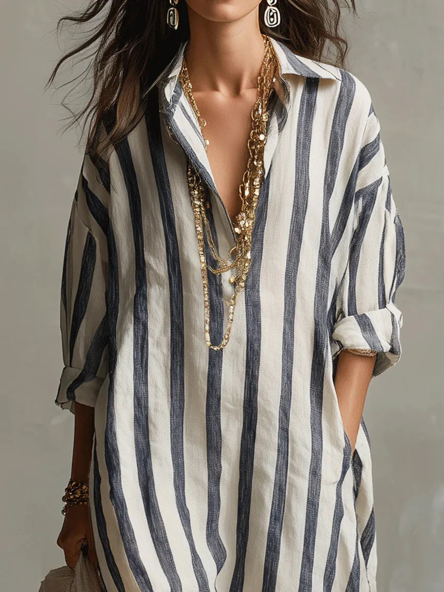 Women's Striped Maxi Shirt Dress with Lapel Collar and Button Placket