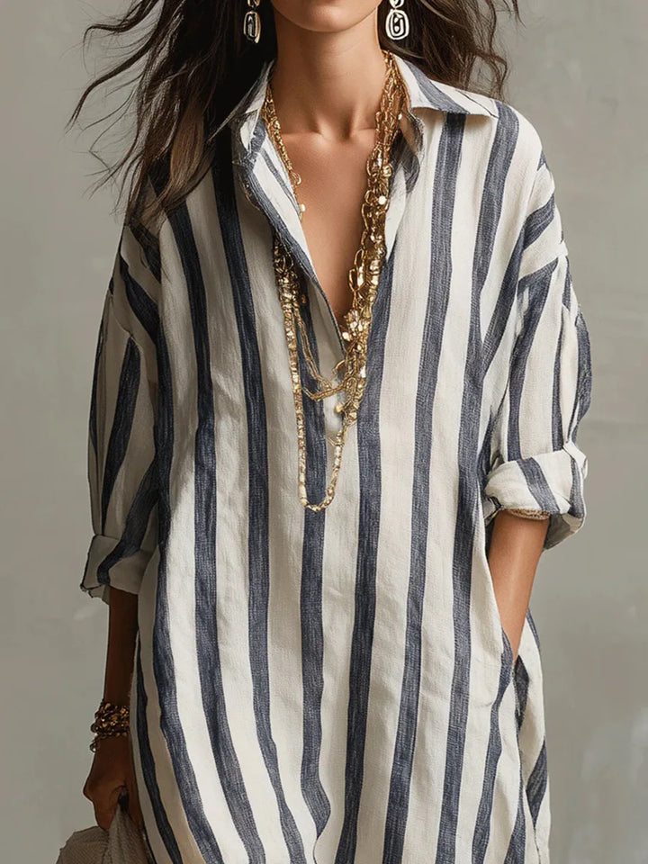 Women's Striped Maxi Shirt Dress with Lapel Collar and Button Placket