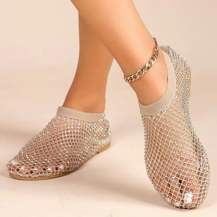 Women's Rhinestone Fishnet Mesh Slip-On Flat Shoes