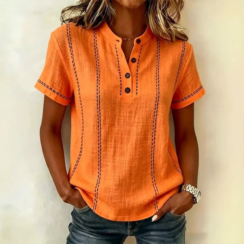 Women's Textured Stripe V-Neck Button Blouse