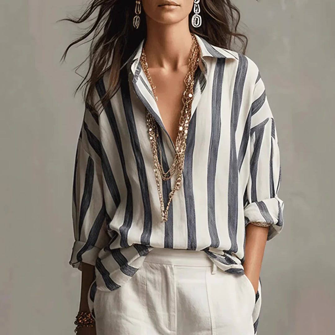 Women's Elegant Linen Striped Long Sleeve Collared Blouse