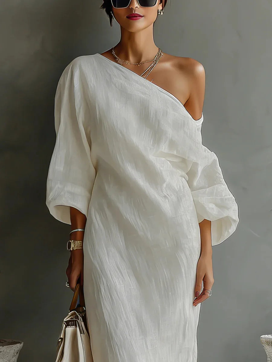 Women's Linen One Shoulder Maxi Dress Batwing Sleeve