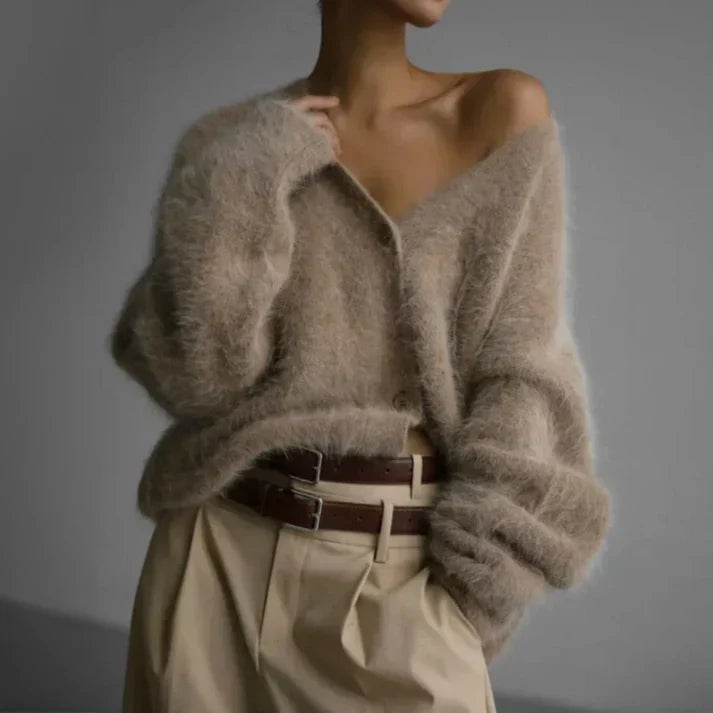 Women's Fluffy Cashmere V-Neck Oversized Cardigan