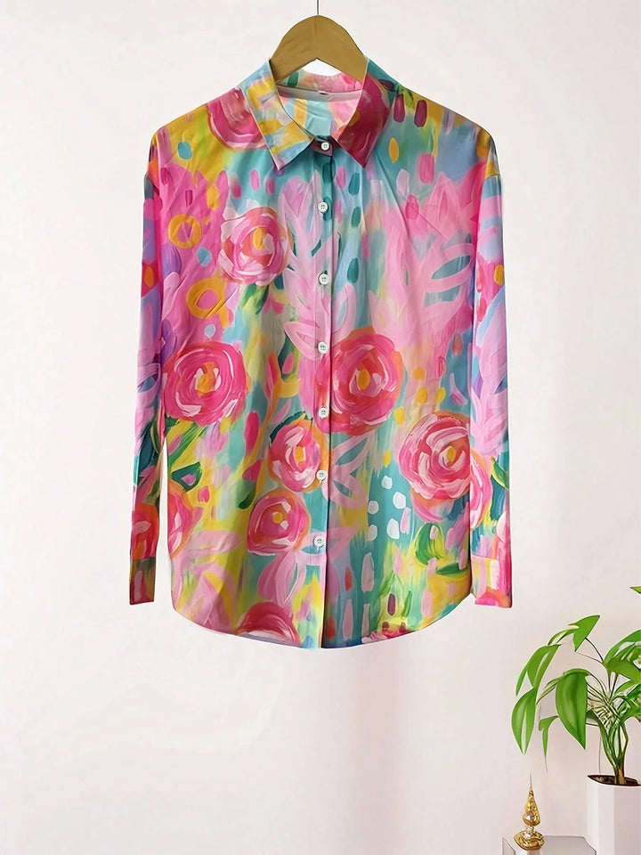 Women's Colourful Print Long Sleeve Shirt with Spread Collar and Loose Fit