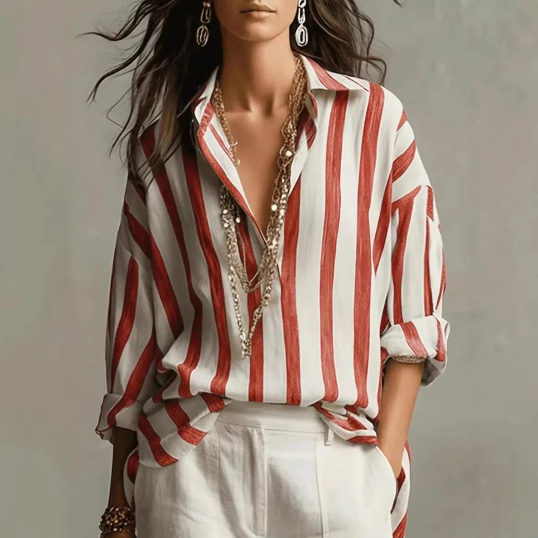 Women's Elegant Linen Striped Long Sleeve Collared Blouse