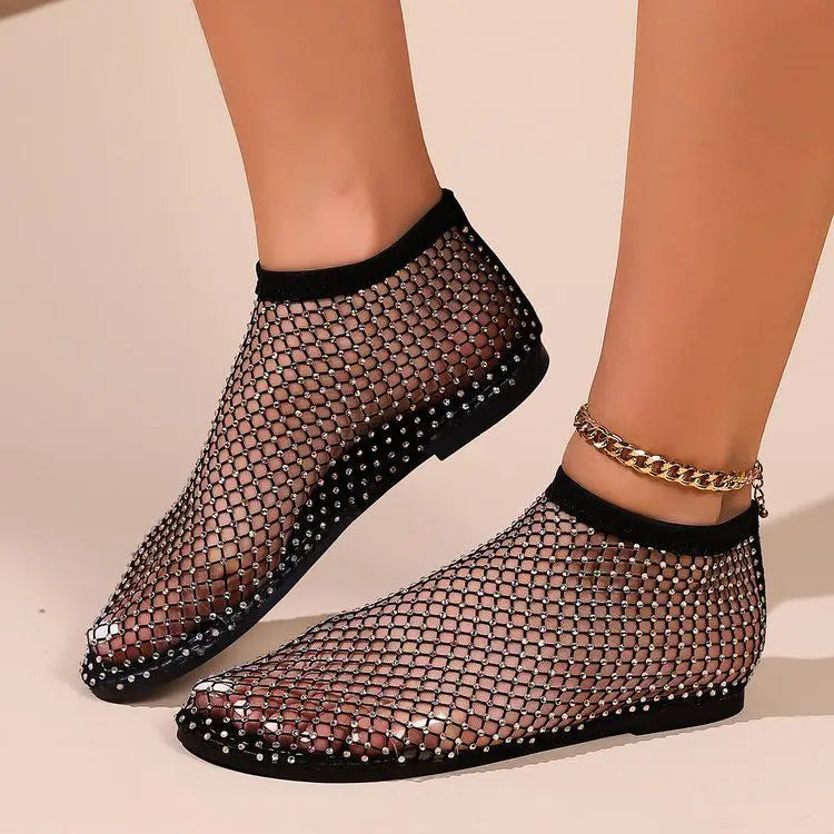 Women's Rhinestone Fishnet Mesh Slip-On Flat Shoes