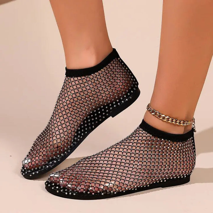 Women's Rhinestone Fishnet Mesh Slip-On Flat Shoes