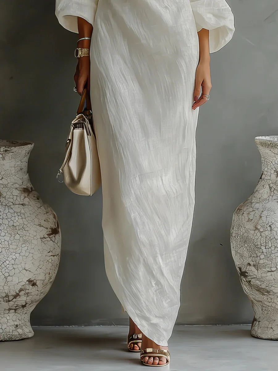 Women's Linen One Shoulder Maxi Dress Batwing Sleeve