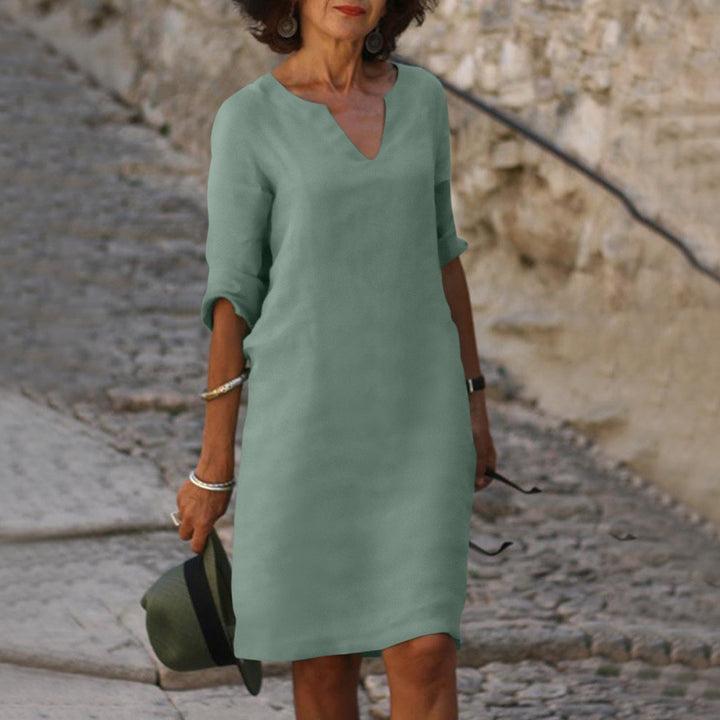 Women's Summer V-Neck Midi Dress Tummy Cover Pockets