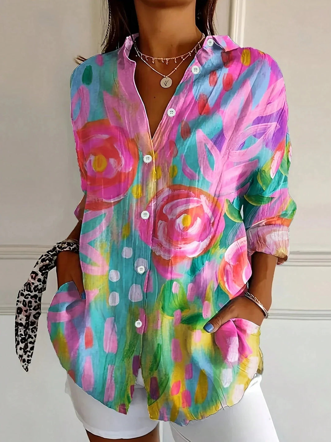 Women's Colourful Print Long Sleeve Shirt with Spread Collar and Loose Fit