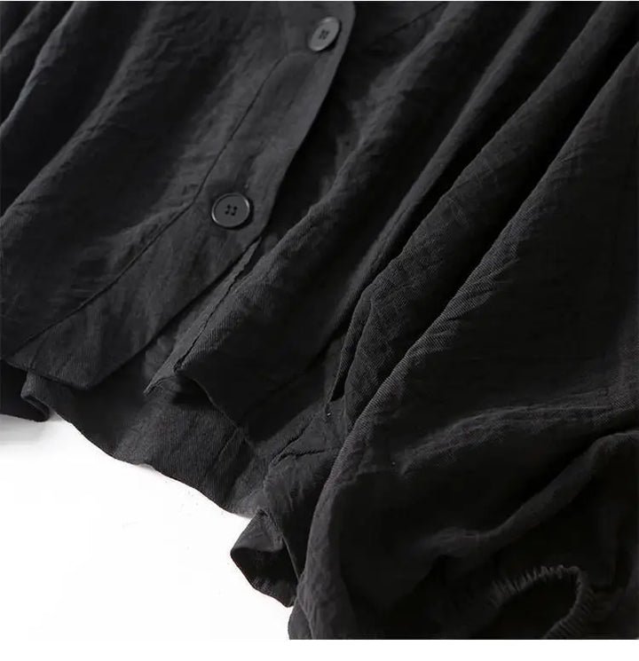 Women's Linen V-Neck Batwing Sleeve Blouse with Button Detail