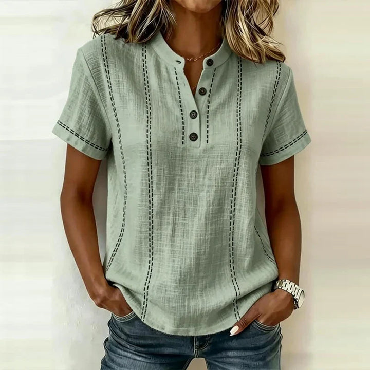 Women's Textured Stripe V-Neck Button Blouse