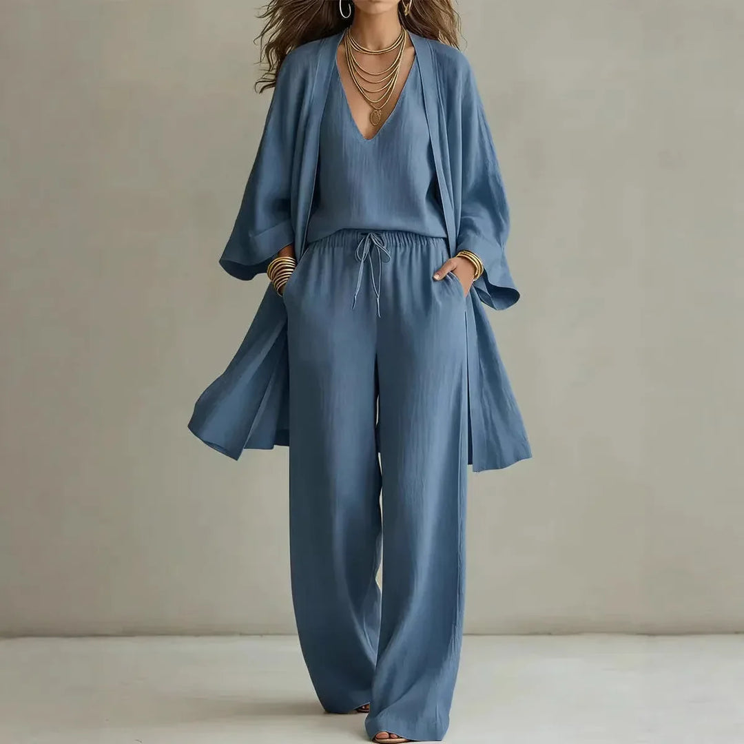 Women's Linen Three Piece Co-ord Cardigan Trousers Set