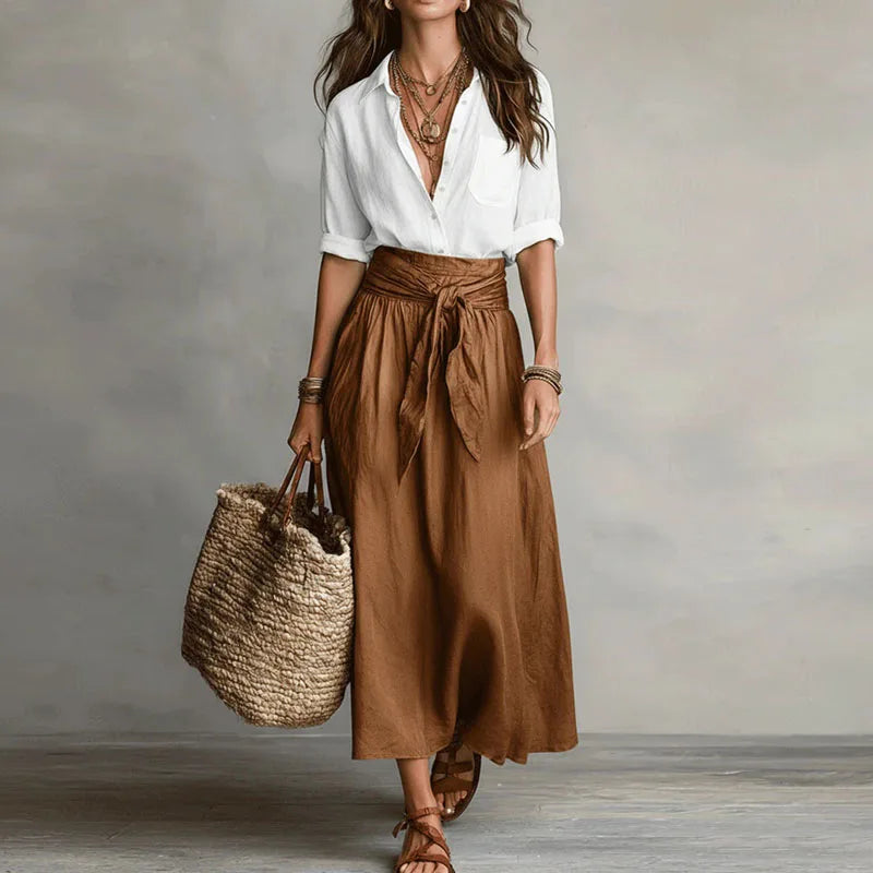 Women's Boho Linen Co-Ord Set Button Shirt Tie Waist Skirt