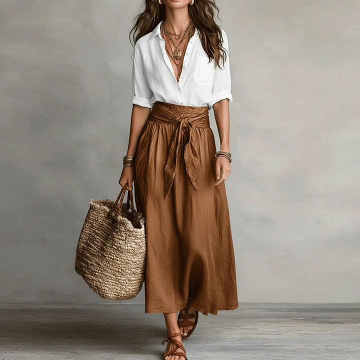 Women's Boho Linen Co-Ord Set Button Shirt Tie Waist Skirt