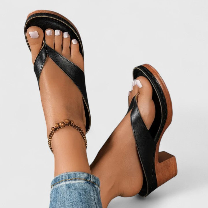 Women's Orthopaedic Thong Toe Block Heel Wood Effect Sandals