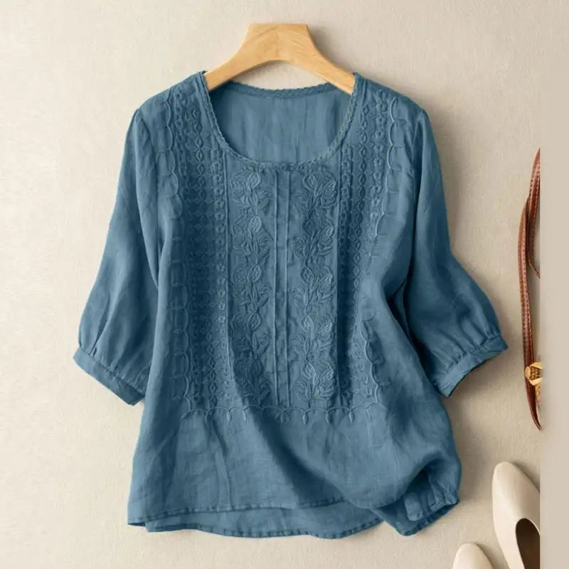 Women's Crew Neck Puff Sleeve Top with Floral Embroidery and Curved Hem
