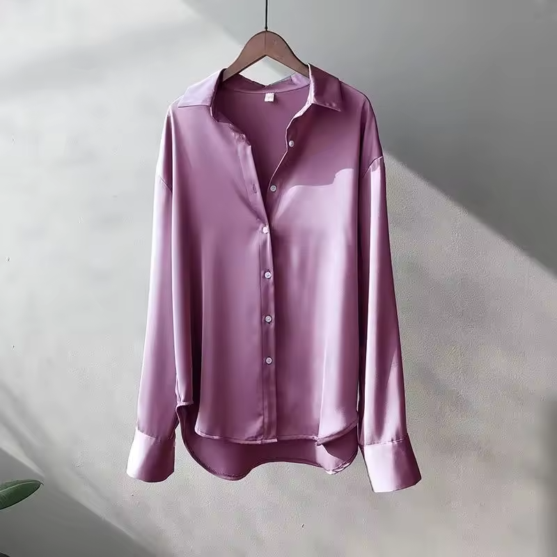 Women's Satin Finish Long Sleeve Button-Up Blouse