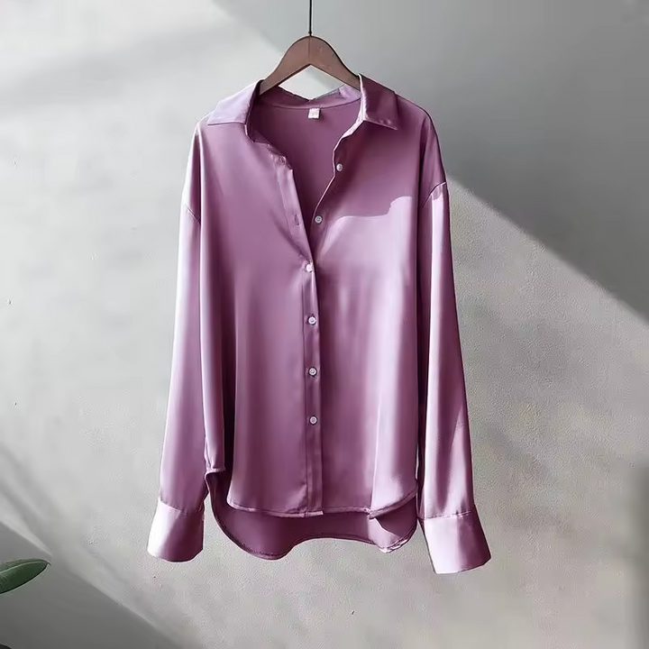 Women's Satin Finish Long Sleeve Button-Up Blouse
