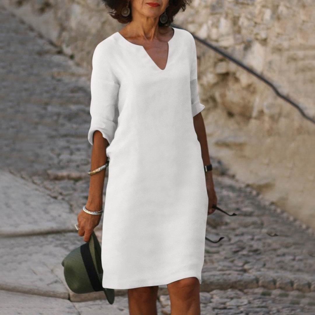 Women's Summer V-Neck Midi Dress Tummy Cover Pockets