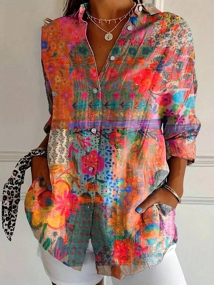 Women's Colourful Print Long Sleeve Shirt with Spread Collar and Loose Fit