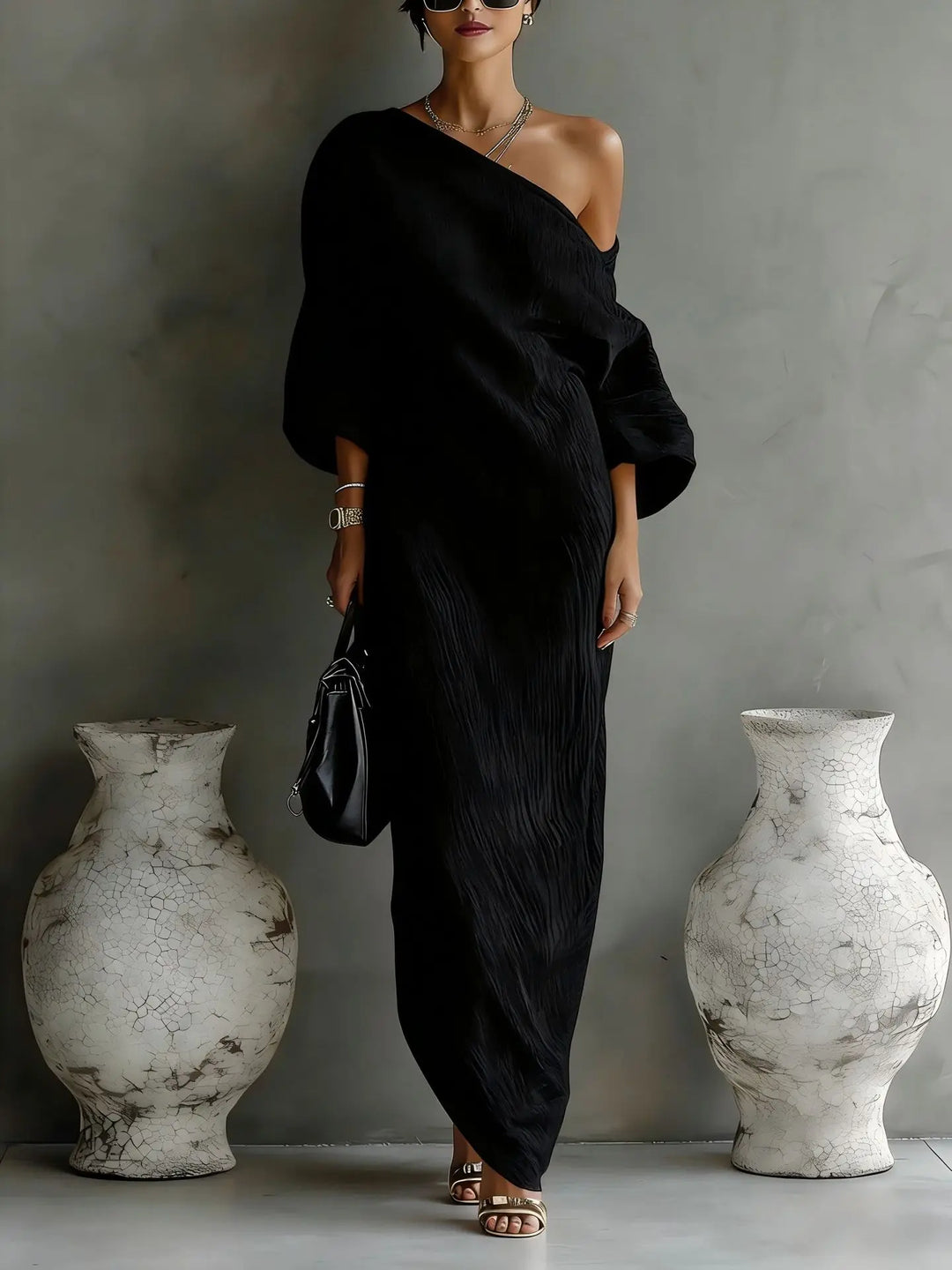 Women's Linen One Shoulder Maxi Dress Batwing Sleeve