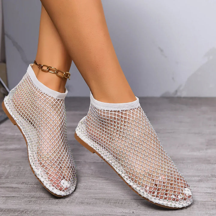 Women's Rhinestone Fishnet Mesh Slip-On Flat Shoes