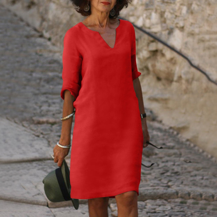 Women's Summer V-Neck Midi Dress Tummy Cover Pockets