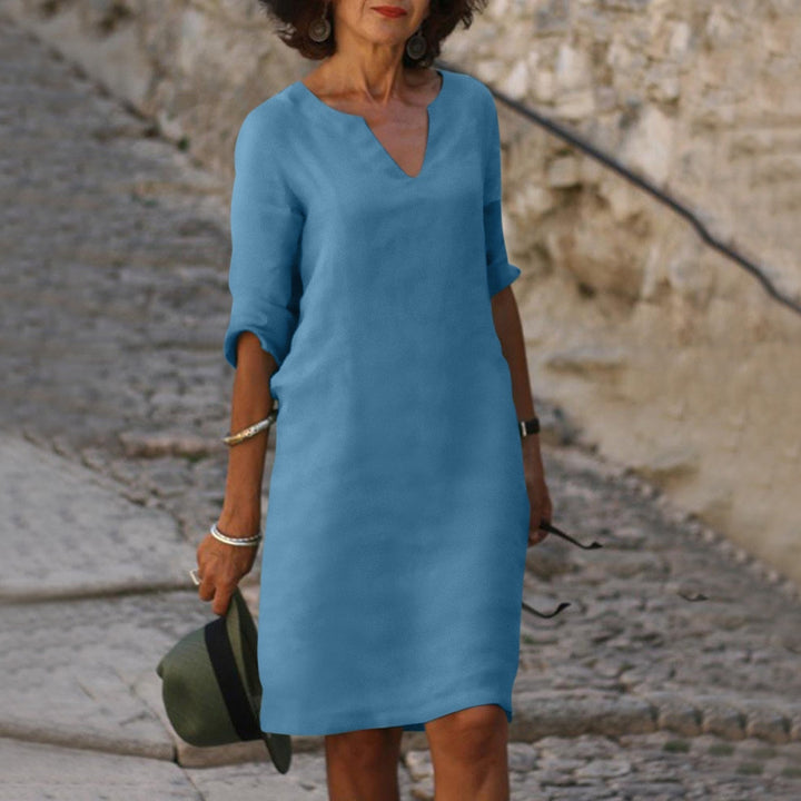 Women's Summer V-Neck Midi Dress Tummy Cover Pockets