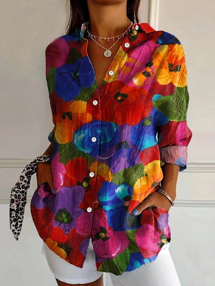 Women's Colourful Print Long Sleeve Shirt with Spread Collar and Loose Fit