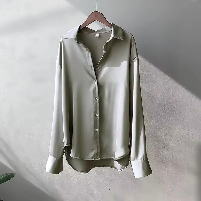 Women's Satin Finish Long Sleeve Button-Up Blouse