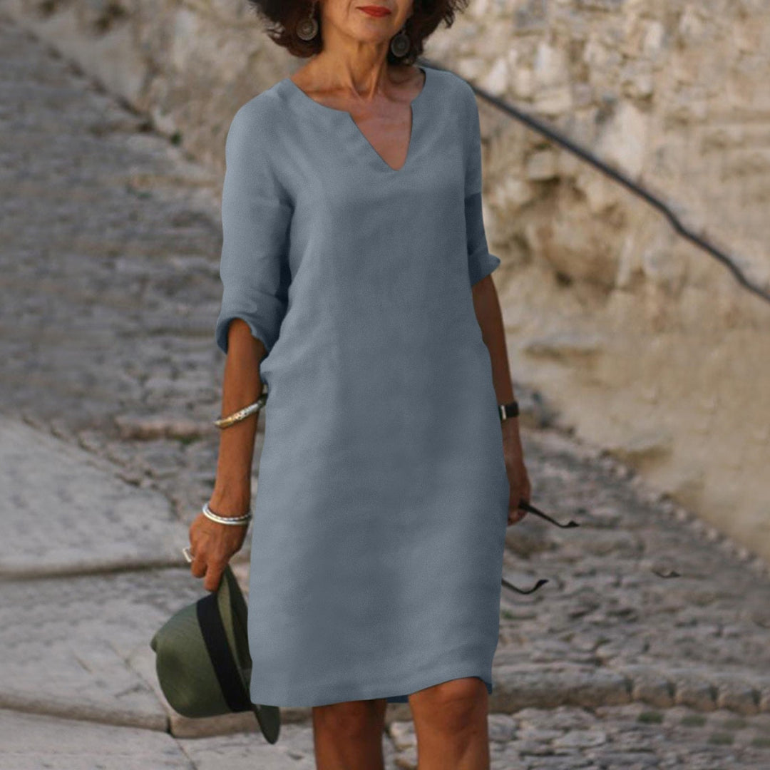 Women's Summer V-Neck Midi Dress Tummy Cover Pockets