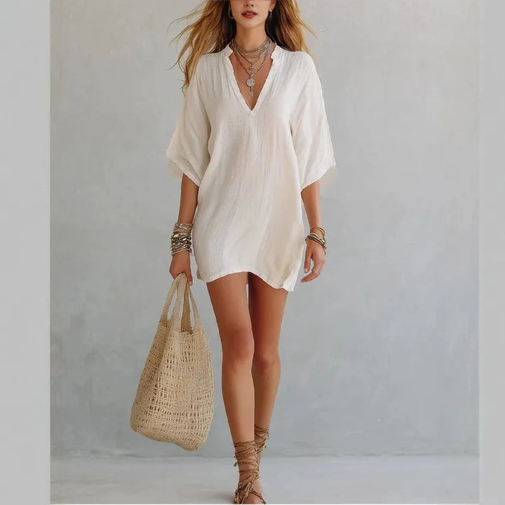 Women's Linen Cotton V-Neck Oversized Tunic Mini Dress