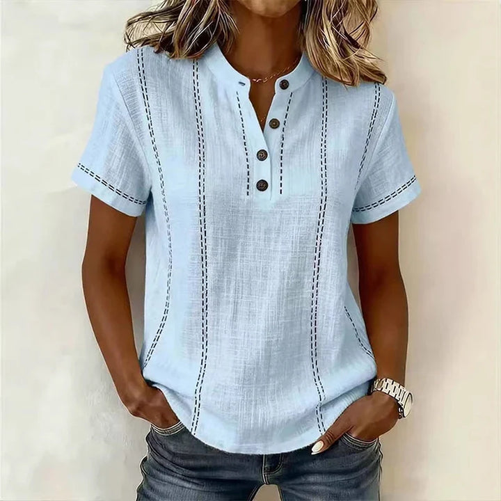 Women's Textured Stripe V-Neck Button Blouse