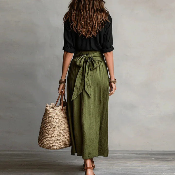 Women's Boho Linen Co-Ord Set Button Shirt Tie Waist Skirt