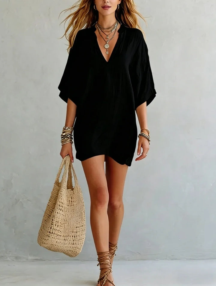 Women's Linen Cotton V-Neck Oversized Tunic Mini Dress