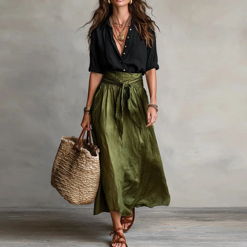 Women's Boho Linen Co-Ord Set Button Shirt Tie Waist Skirt