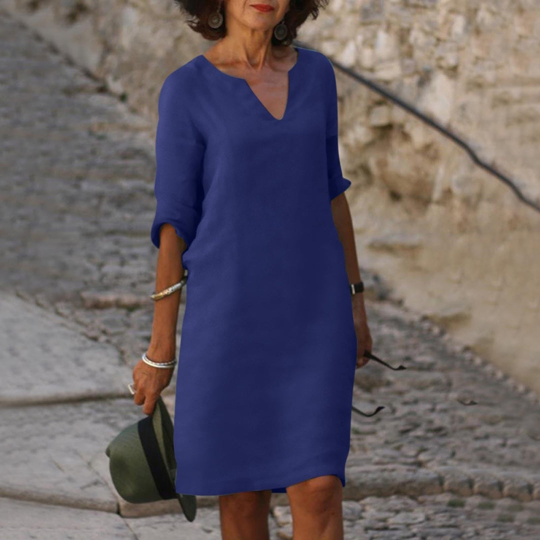Women's Summer V-Neck Midi Dress Tummy Cover Pockets