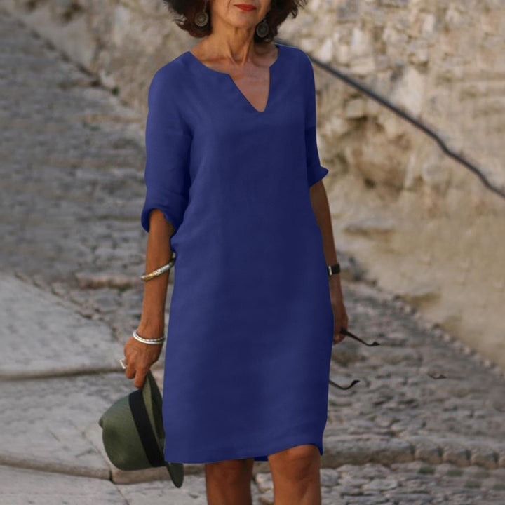 Women's Summer V-Neck Midi Dress Tummy Cover Pockets