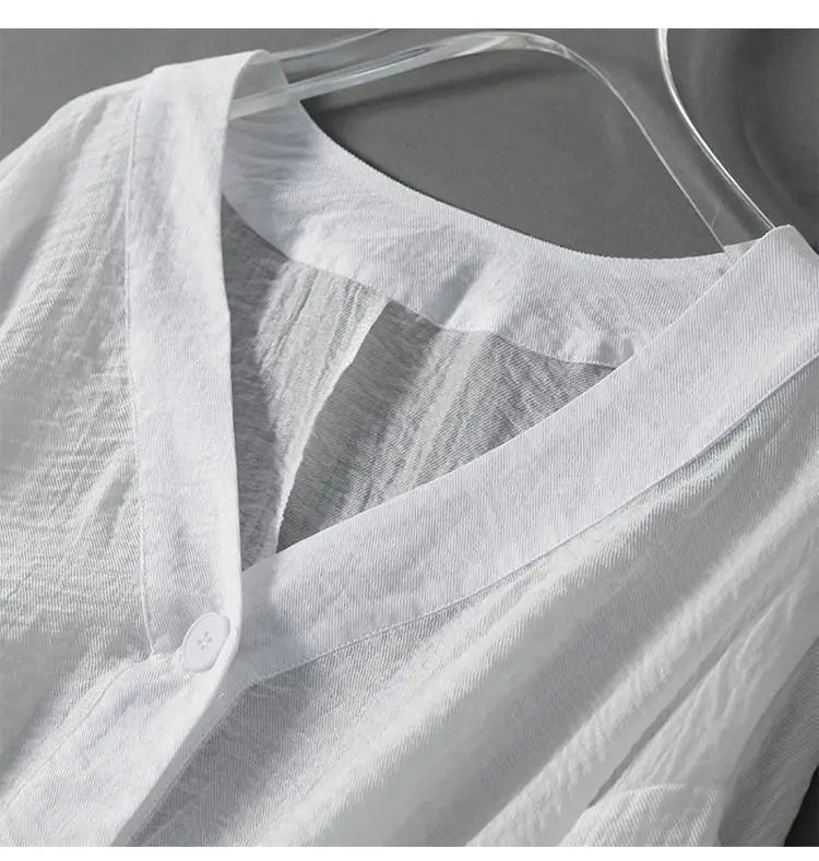 Women's Linen V-Neck Batwing Sleeve Blouse with Button Detail