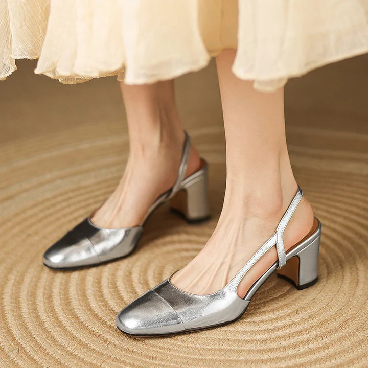 Women's Leather Round Toe Block Heel Slingback Court Shoes