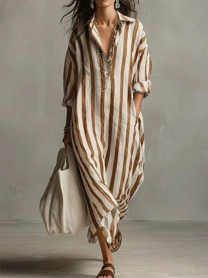 Women's Striped Maxi Shirt Dress with Lapel Collar and Button Placket