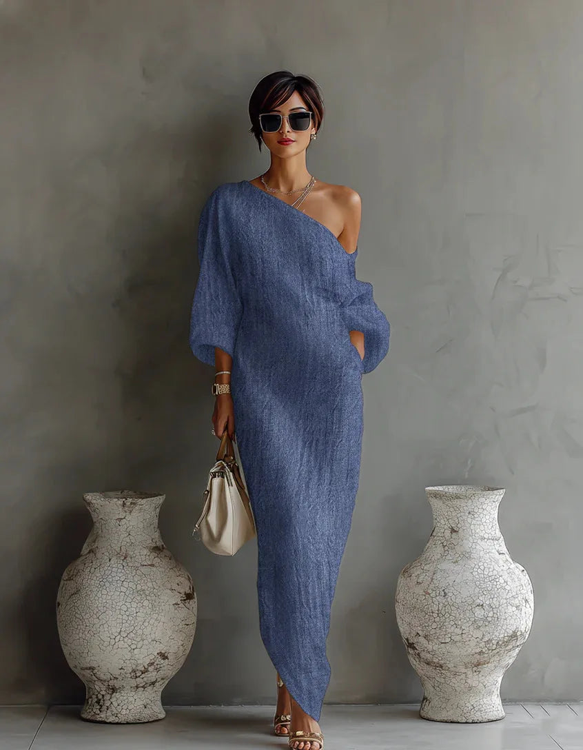 Women's Linen One Shoulder Maxi Dress Batwing Sleeve
