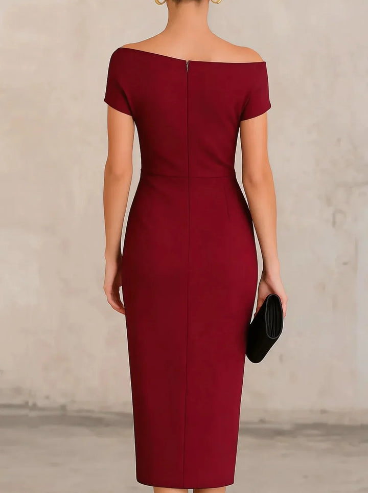 Women's Asymmetric Off-Shoulder Pleated Waist Midi Dress