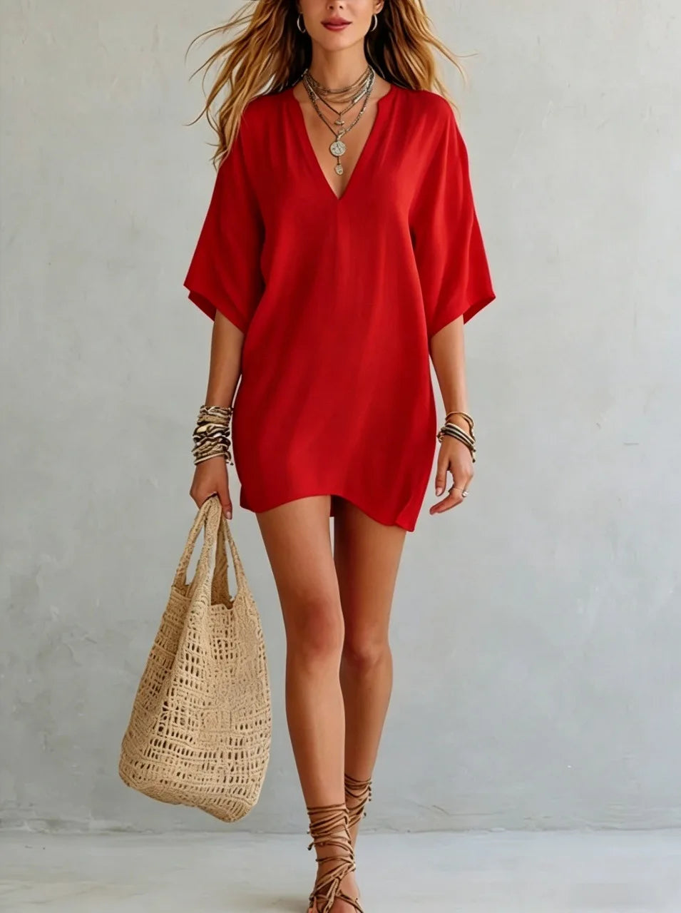 Women's Linen Cotton V-Neck Oversized Tunic Mini Dress