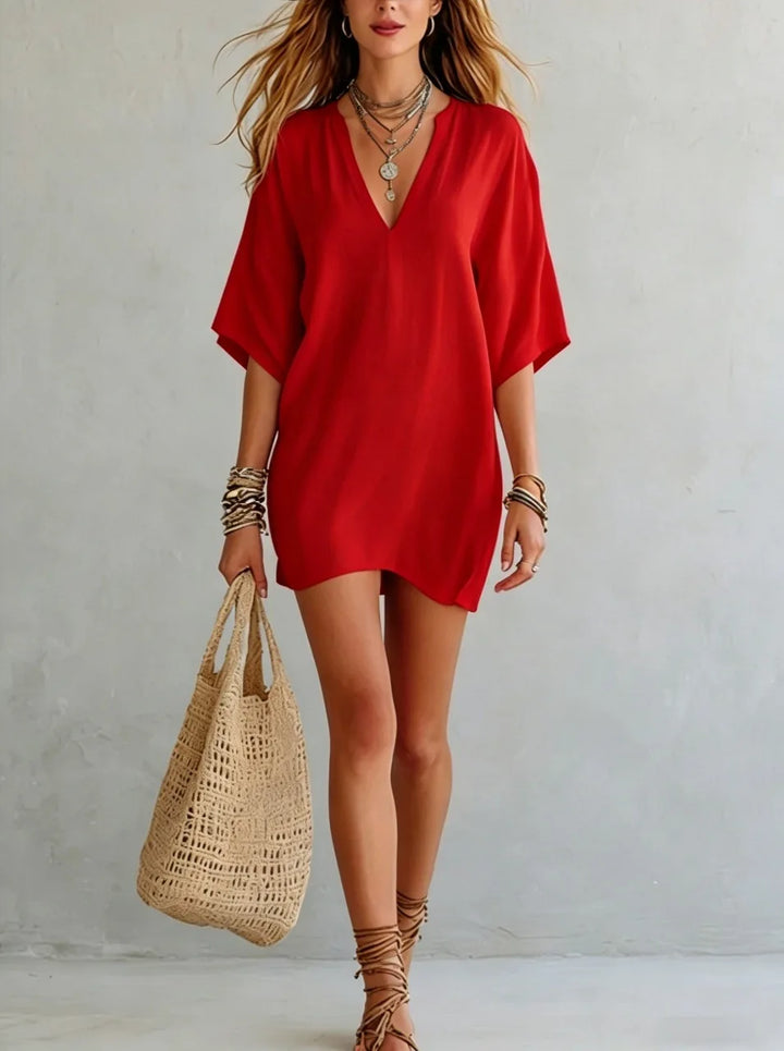 Women's Linen Cotton V-Neck Oversized Tunic Mini Dress
