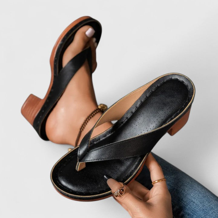 Women's Orthopaedic Thong Toe Block Heel Wood Effect Sandals