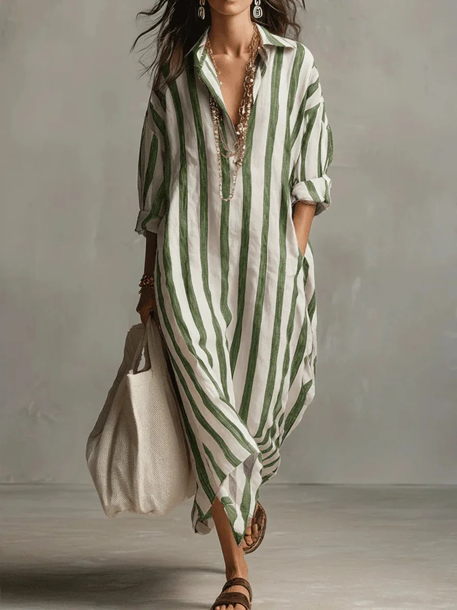 Women's Striped Maxi Shirt Dress with Lapel Collar and Button Placket