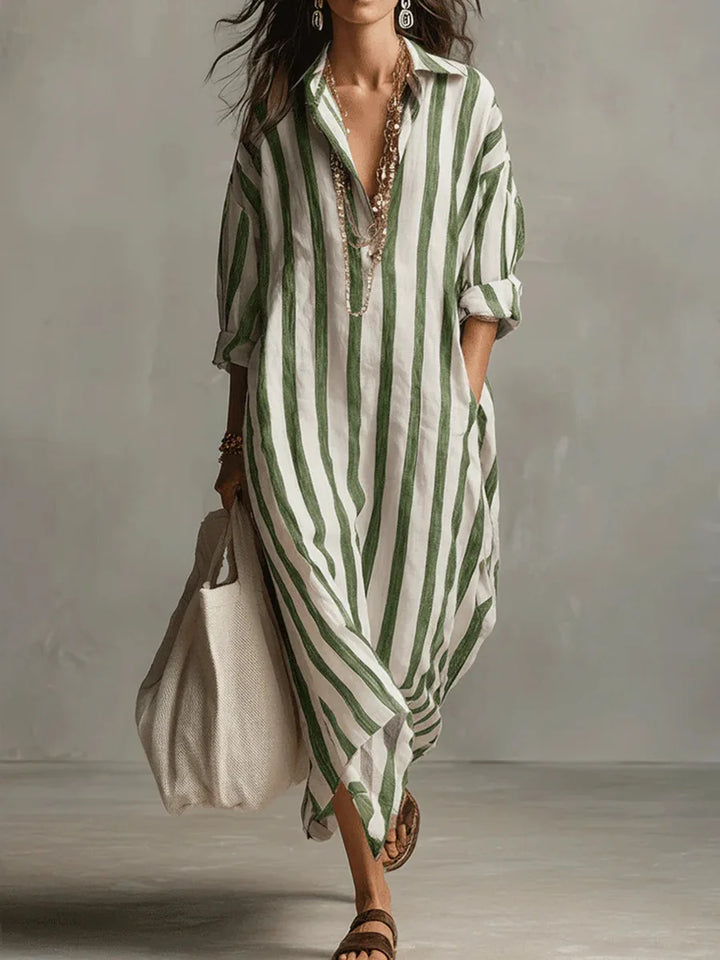 Women's Striped Maxi Shirt Dress with Lapel Collar and Button Placket